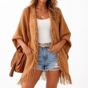 Marvelush Fringe Poncho Sweater One Size Boho Knit Wrap Cardigan‎ Camel Brown